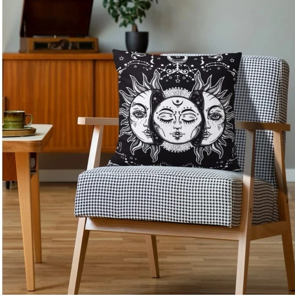 Pillow Cover Sun Moon Celestial Mystical Zippered Large Black White 17.7 in
